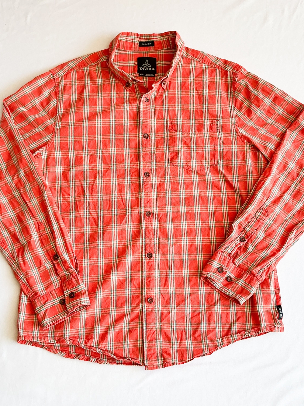 Prana Button Up Shirt Men’s Slim Fit Orange Plaid Long Sleeve Lightweight Sz Med